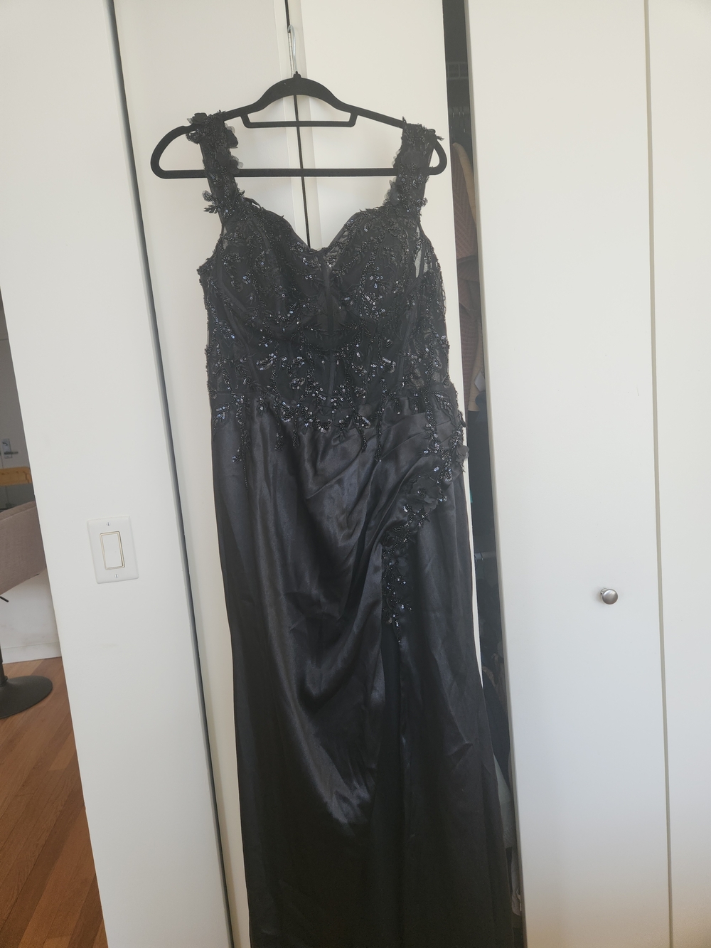 Black Embellished Evening Slip Dress with Lace Straps